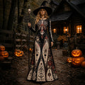 Women's Retro Halloween Gothic With Floral Pattern Print Round-neck Maxi Dress