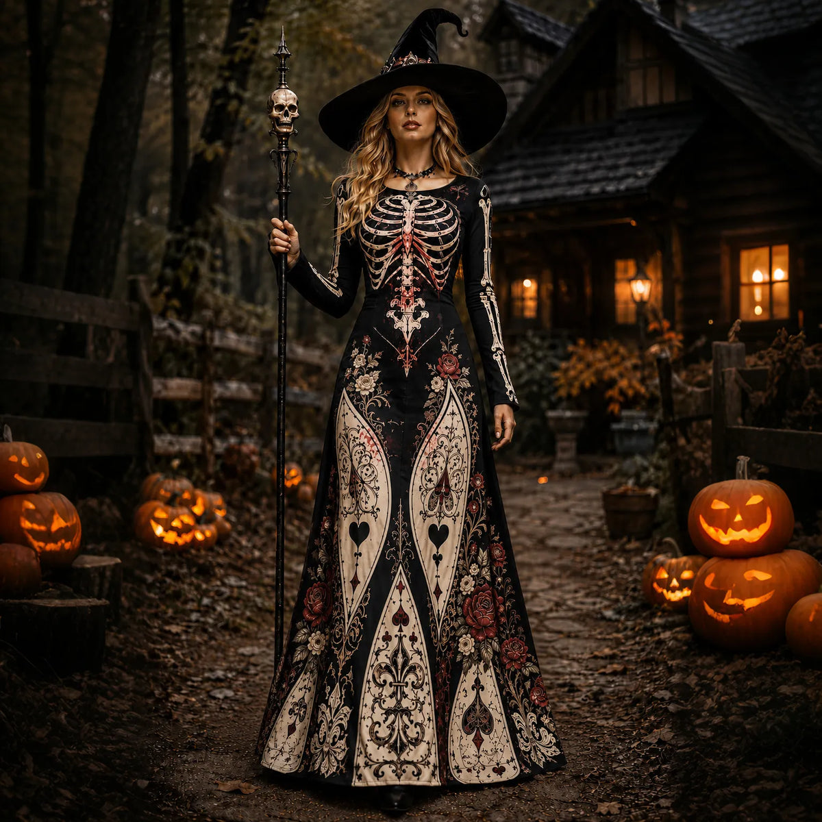Women's Retro Halloween Gothic With Floral Pattern Print Round-neck Maxi Dress