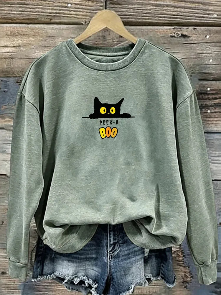 Halloween Retro Cat Letter Print Crew Neck Sweatshirt