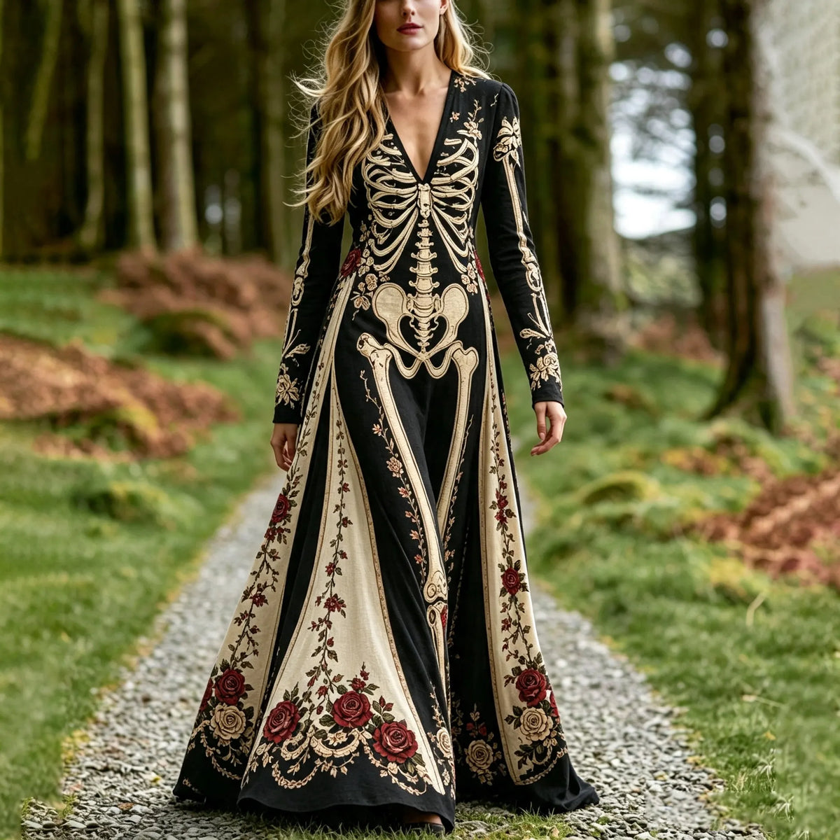 Women's Vintage Gothic Skeleton With Floral Art Print V Neck Long Sleeve Maxi Dress