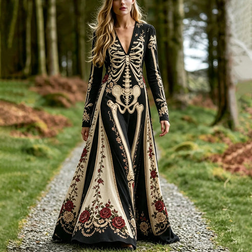 Women's Vintage Gothic Skeleton With Floral Art Print V Neck Long Sleeve Maxi Dress