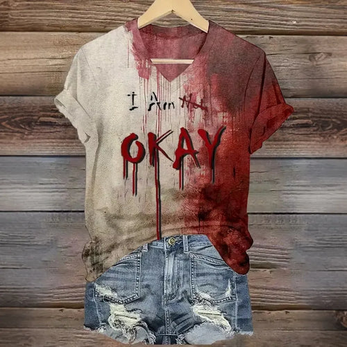 Women's Vintage Halloween Bloody Art Printed Short Sleeve T-shirt