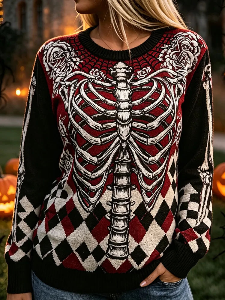 Women's Halloween Skeleton Poker Pattern Cozy Knit Sweater