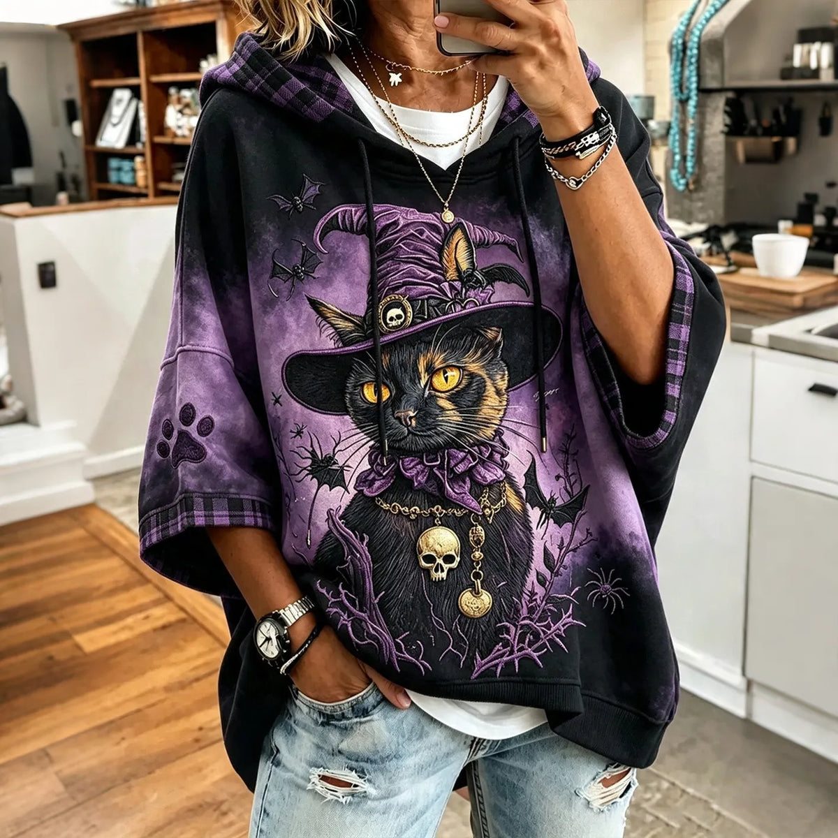 Women's Halloween Black Cat And Skull Art Print Casual Hoodie