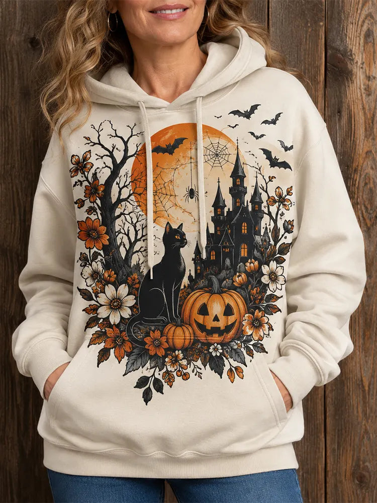 Women's Casual Hooded Sweatshirt In Off-white With Halloween Black Cat, Haunted Castle, Pumpkin, And Floral Wreath Print