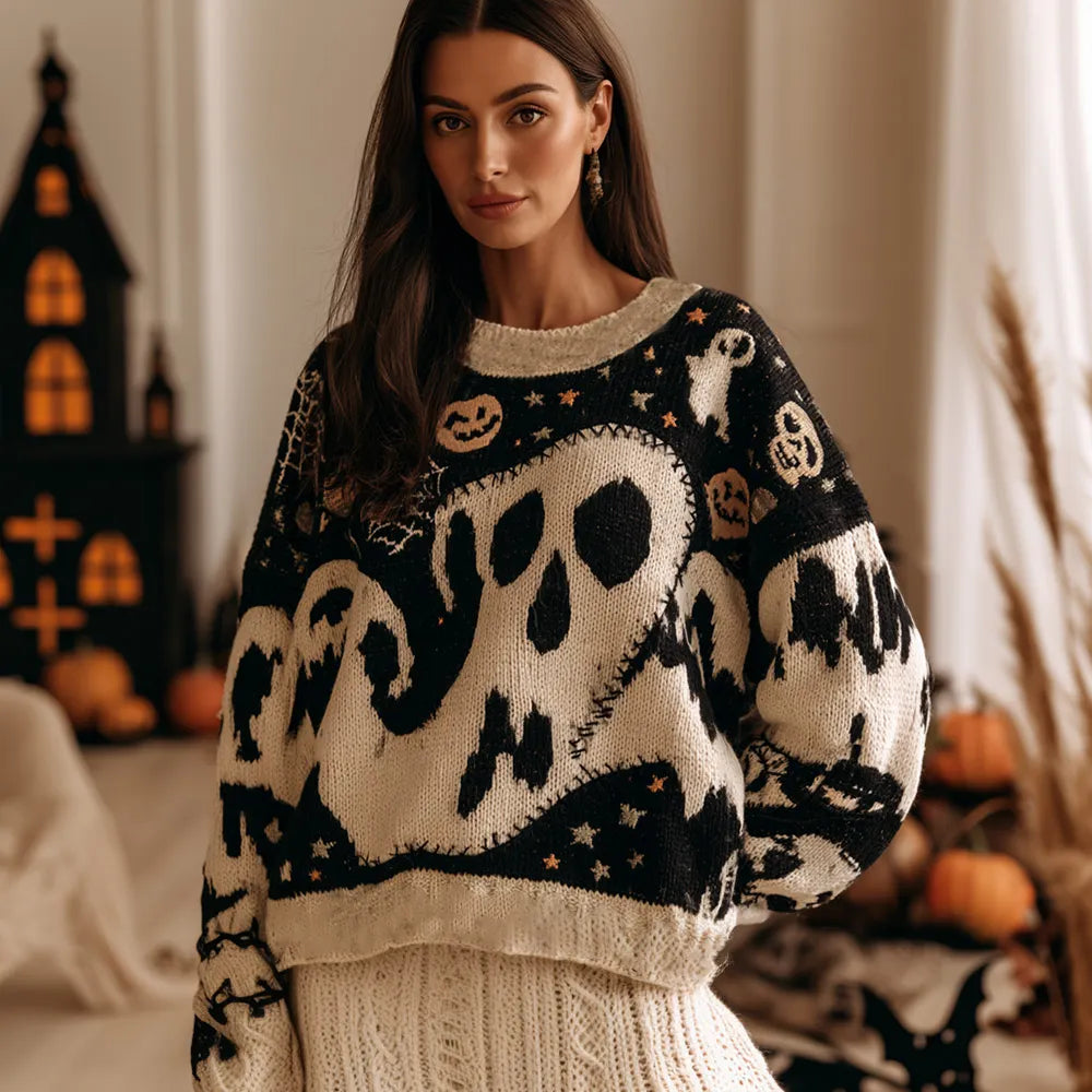 Vintage Halloween Cute Spooky Ghost Art Color Block Knit Crewneck Sweater
