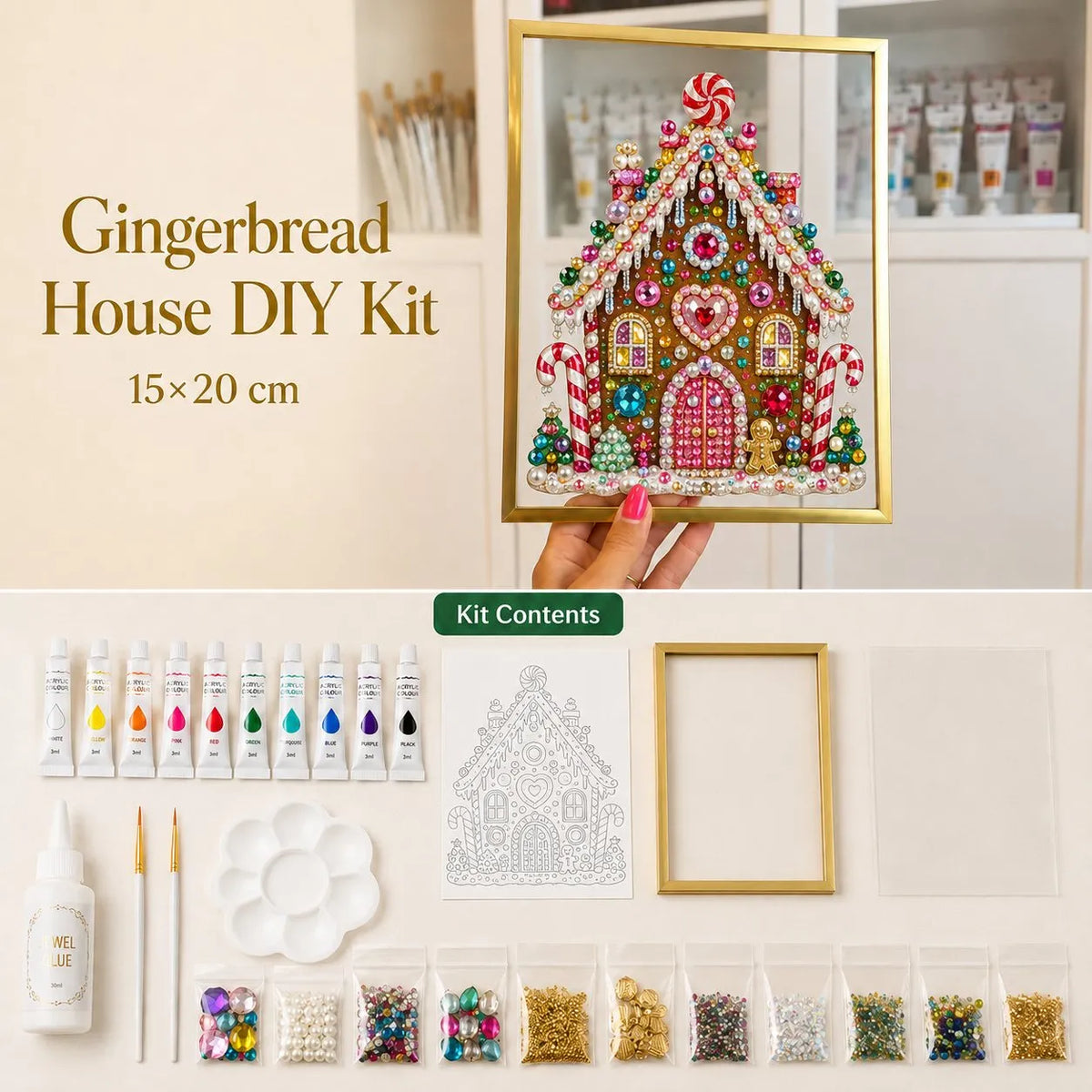 🔥 LAST DAY 49% OFF – 🎄 DIY Jeweled Christmas Tree Art Kit | Colorful Gems, Pearls, Paints & Gold-Tone Floating Display Frame 💎✨