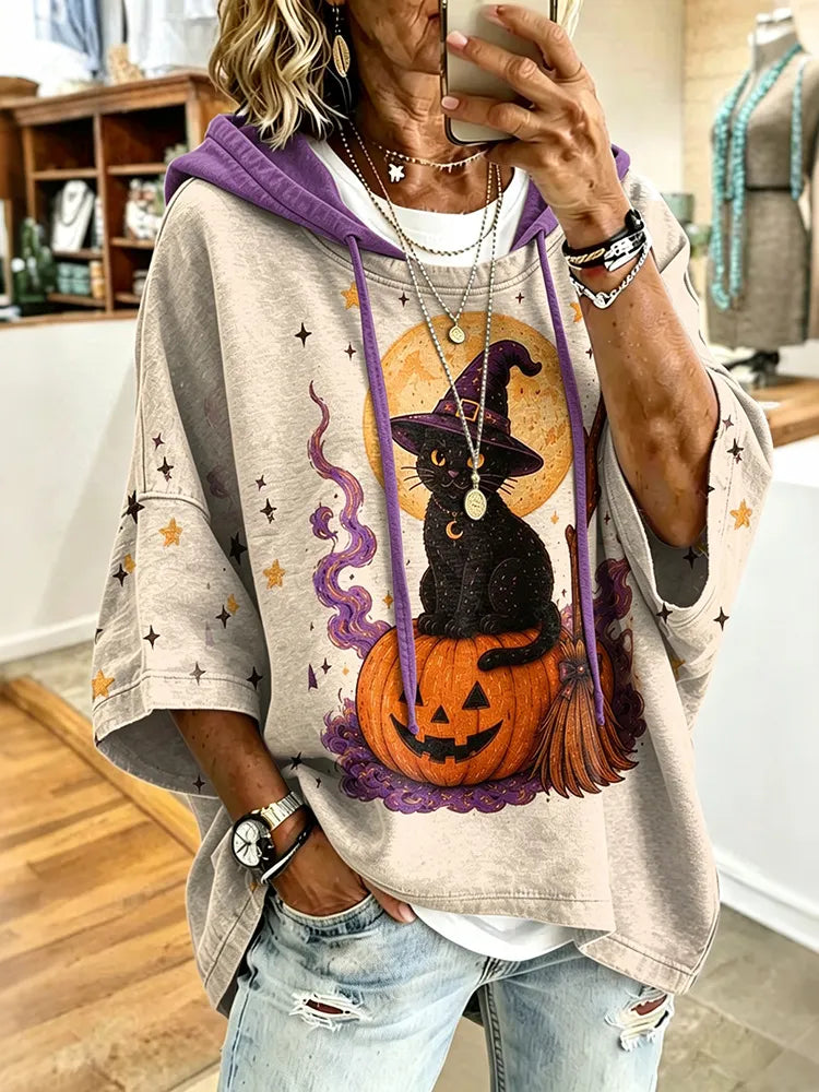 Women's Retro Halloween Cute Cat Print Hooded Sweatshirt