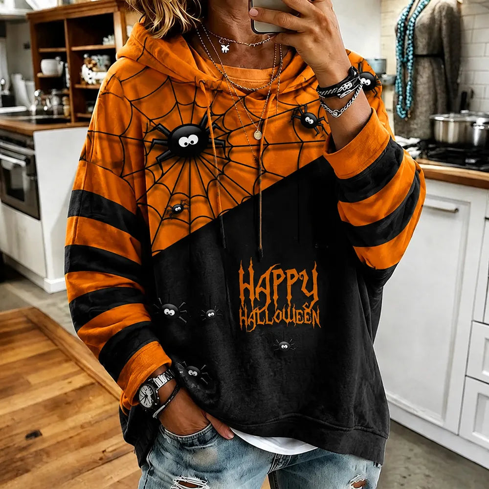 Women's Happy Halloween Color-block Print Casual Hoodie