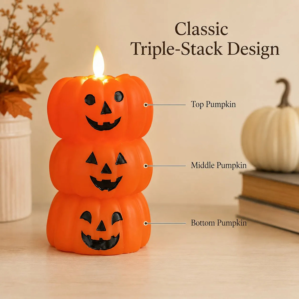 🎃 Flameless LED Pumpkin Stack Candle - Flickering Halloween Decor