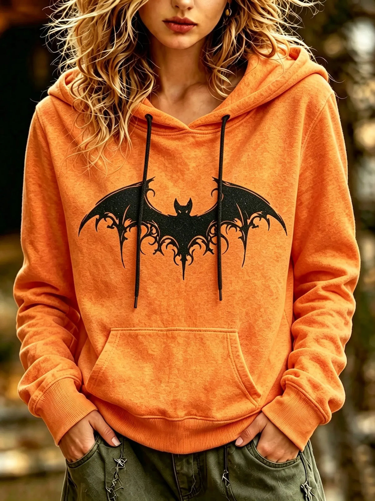 Women's Retro Halloween Style Bat Print Hoodie