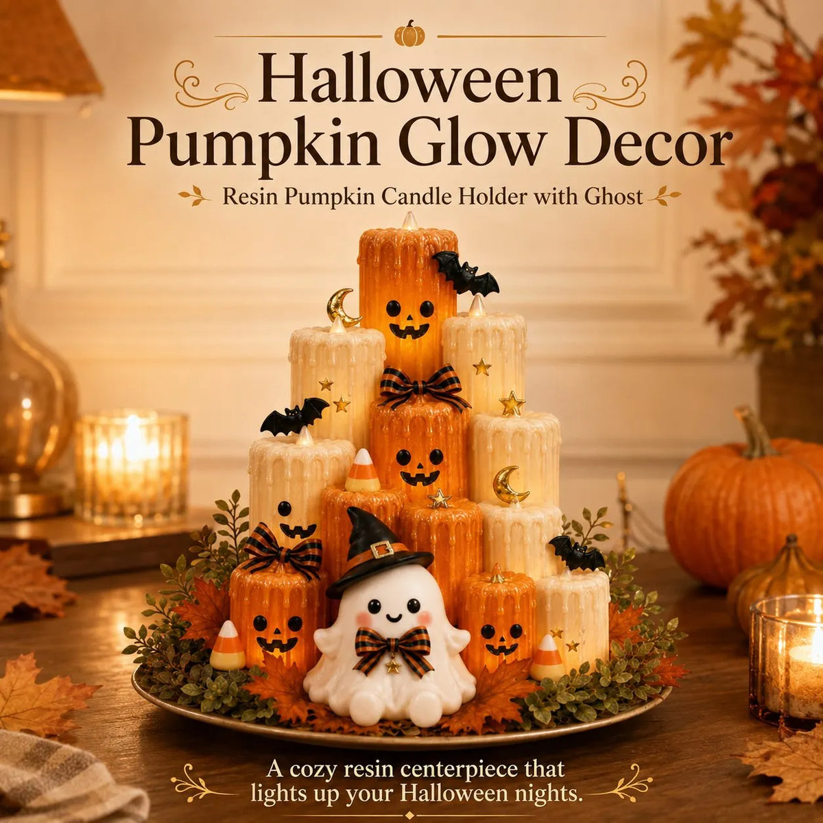 Halloween Resin Pumpkin Candle Holder Ornament with Ghost Decoration