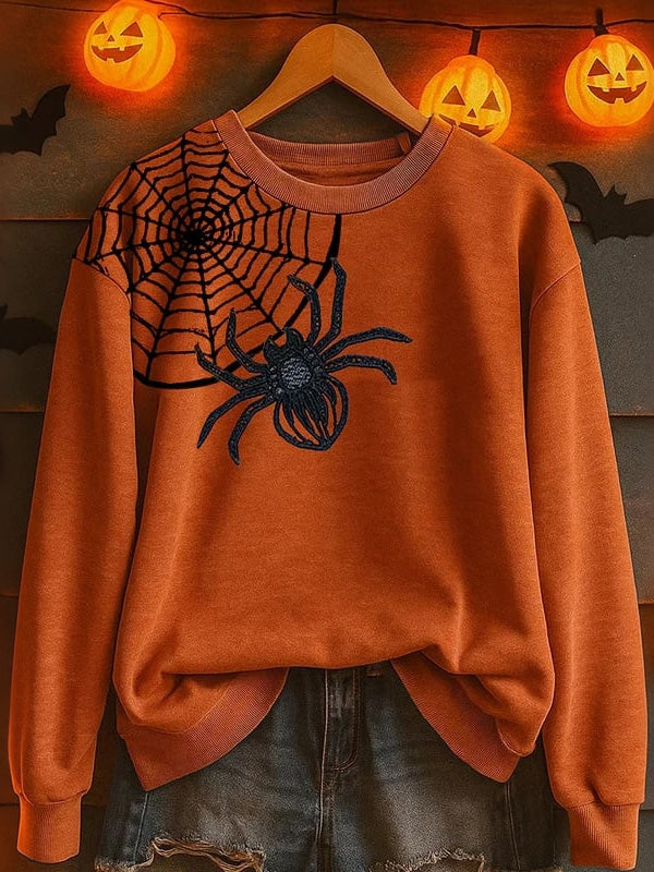 Women's Retro Halloween Spiderweb Print Casual Crew Neck Sweatshirt