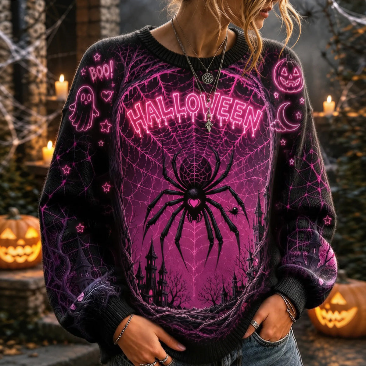 Women's Vintage Neon Pink Halloween Glow-in-the-dark Spider Web Ghost Pumpkin Print Crew Neck Sweatshirt