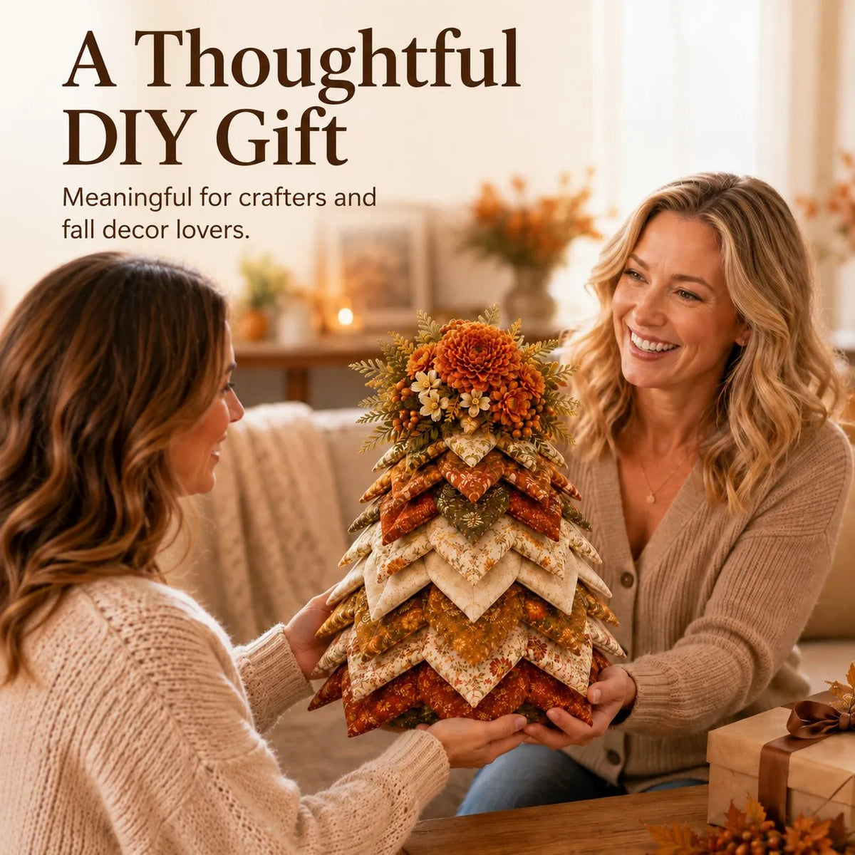 🍂 Beginner-Friendly DIY Fabric Patchwork Fall Tree Kit | Coordinated Autumn Fabrics, Cone Base, Securing Pins & Floral Topper Included 🌼✨