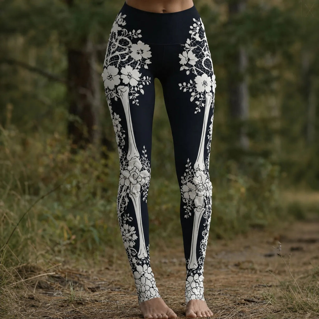 Women's Vintage Halloween Skeleton & Rose Art Leggings