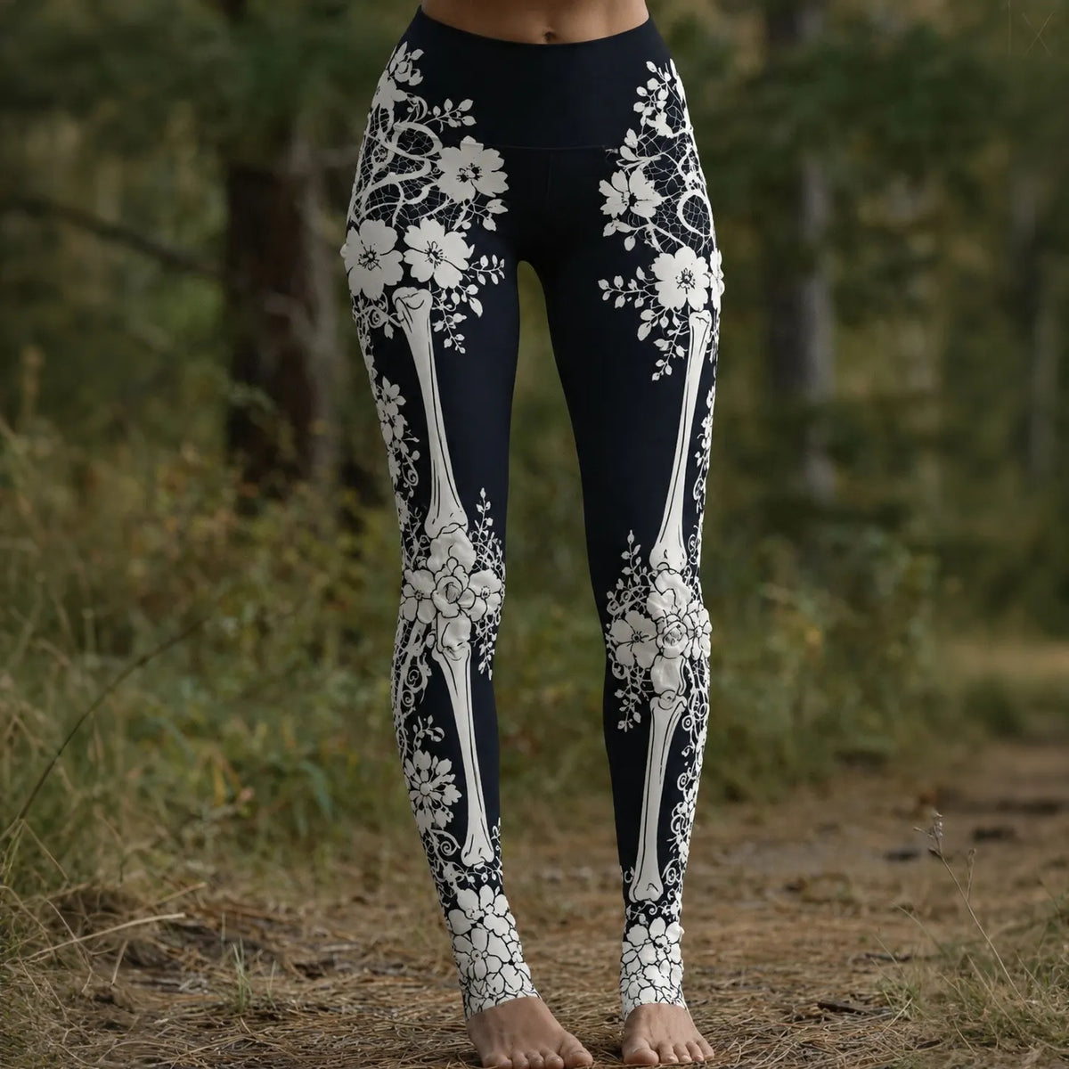 Women's Vintage Halloween Skeleton & Rose Art Leggings
