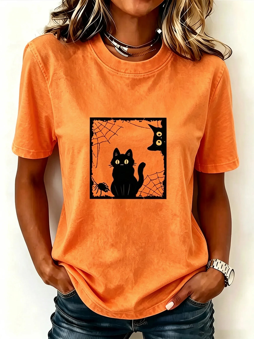 Women's Halloween Cute Cat Print Crew Neck Short Sleeve T-shirt