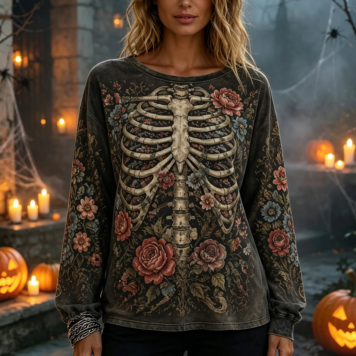 Retro Halloween Bohemian Gothic Style Washed Skull And Rib Pattern Long-sleeved Floral Print Crew Neck Casual Top