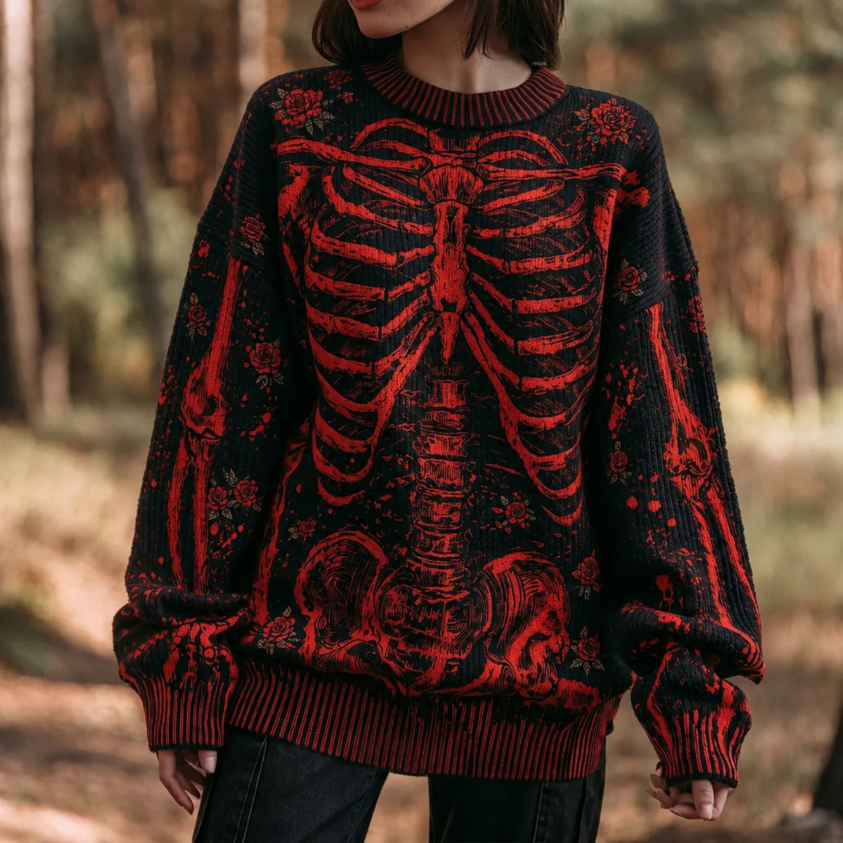 Women's Retro Halloween-themed Human Skeleton Print Sweater
