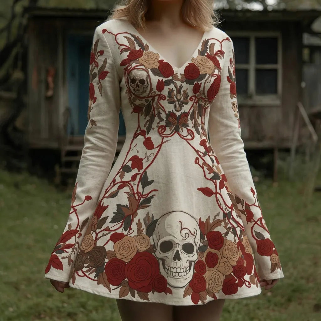 Women's Retro Halloween Skull And Floral Print V-neck Long Sleeve Dress