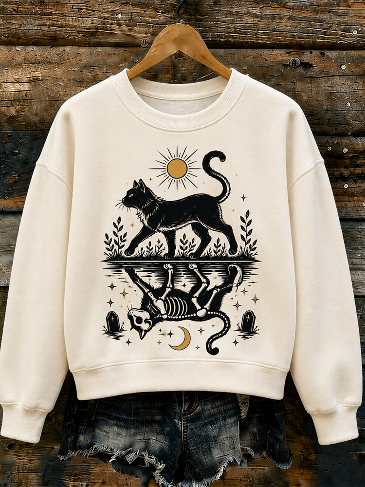 Women's Casual Crewneck Sweatshirt In Off-white With Black Cat, Sun, And Cat Skeleton Reflection Print