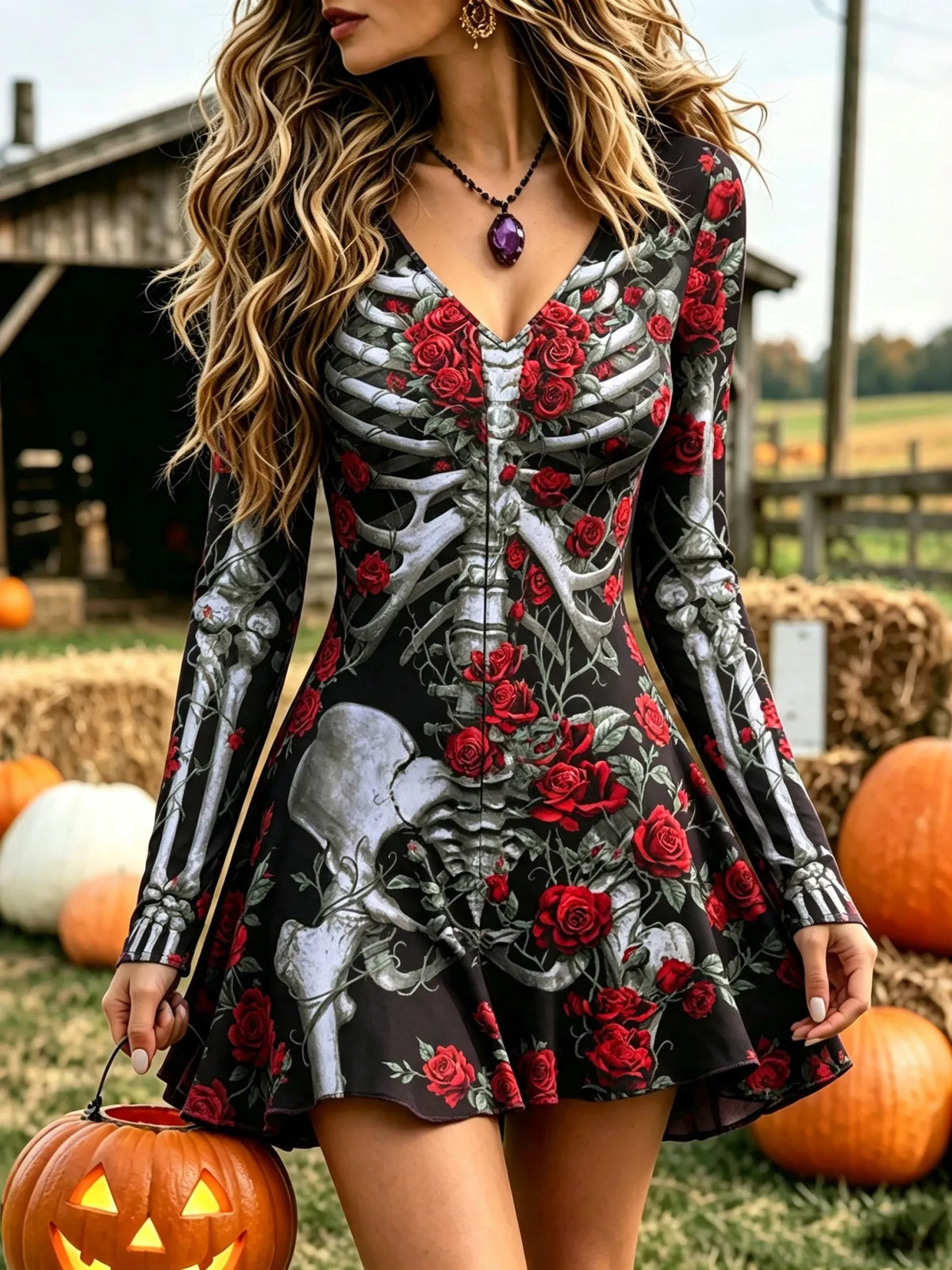 Women's Halloween Skull Rose Print Long-sleeved V-neck Dress