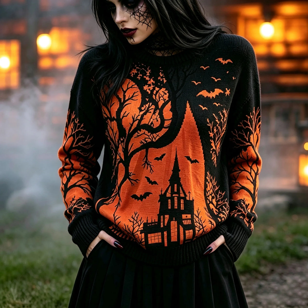 Women's Halloween Gradient Treehouse Design Print Sweater