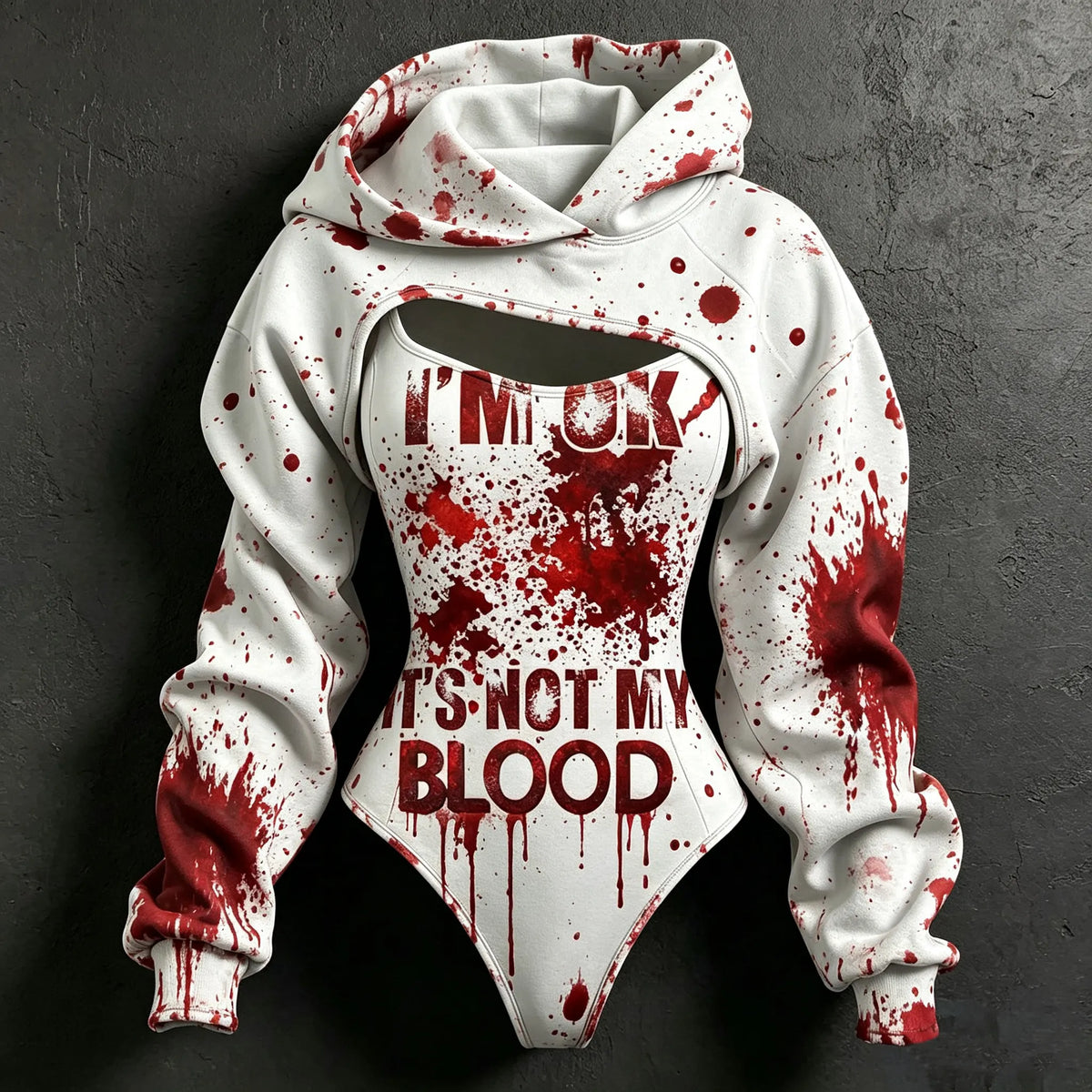 Women's Retro Halloween Bloodstain "i'm Ok It's Not My Blood" Print Hoodie Two-piece Set