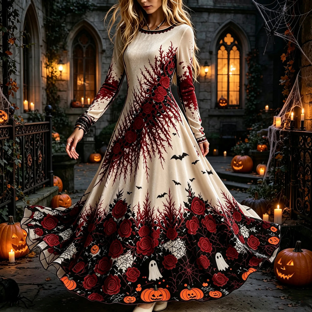 Women's Retro Halloween Gothic Floral Print Velvet Long-sleeved Dress