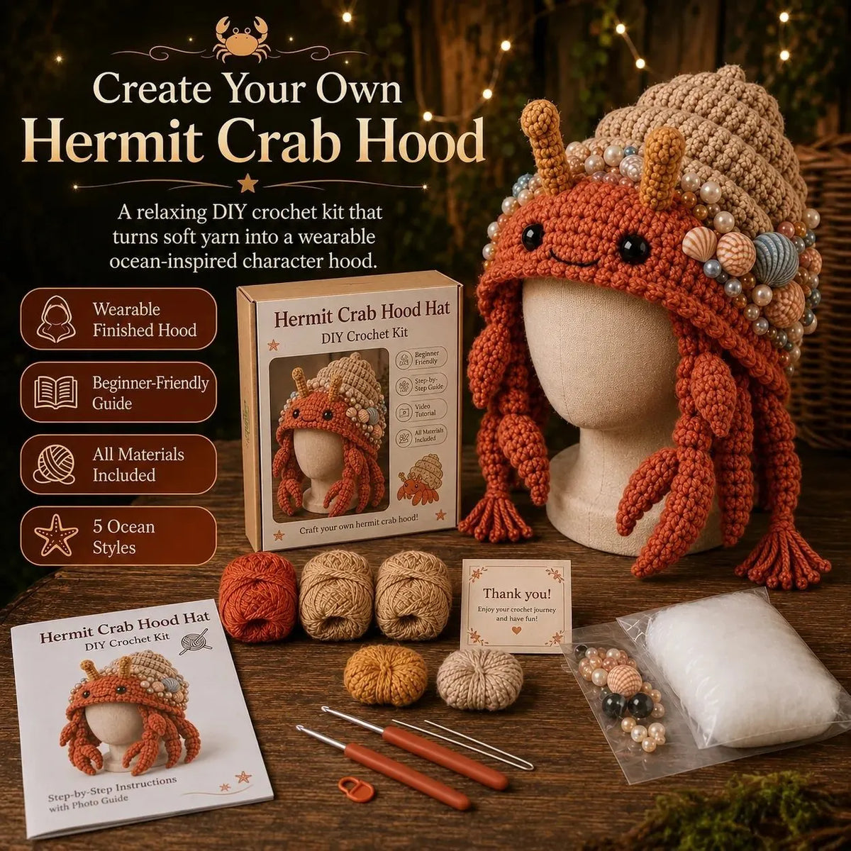 🔥 LAST DAY 49% OFF – 🌊✨ Ocean Series Hood Hat DIY Crochet Kit | Premium Soft Yarn Materials with Step-by-Step Guide DIY Handmade Wearable Ocean Character Hood 🧶🎭✨