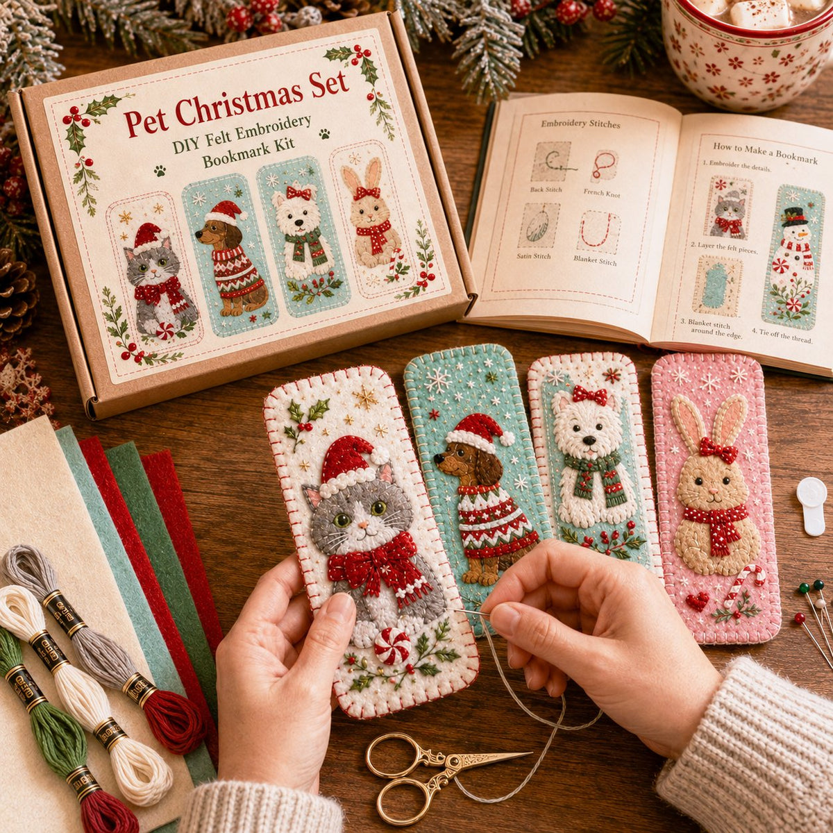 🎄 DIY Felt Embroidery Bookmark Kit(4PCS)