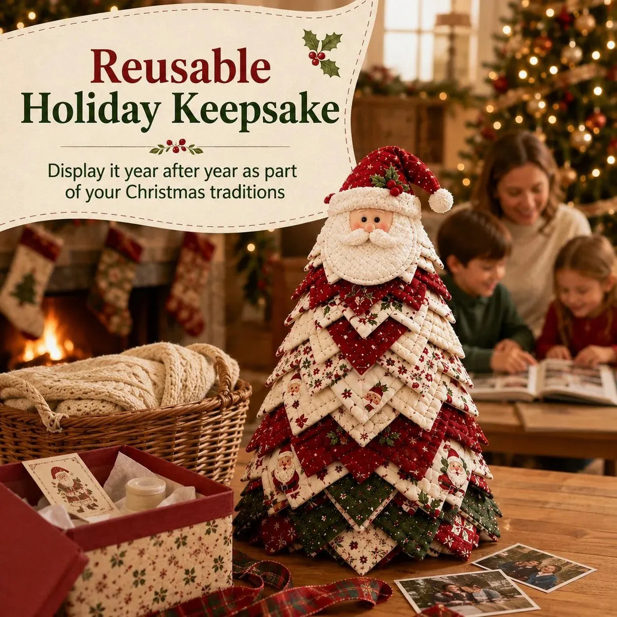 🎉🎄DIY Quilted Santa Christmas Tree Kit – Handmade Fabric Holiday Tabletop Tree Decor