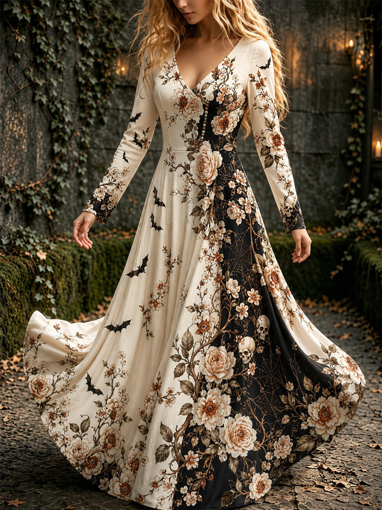 Women's Bohemian Halloween Plant And Bat Print Long Sleeve Dress