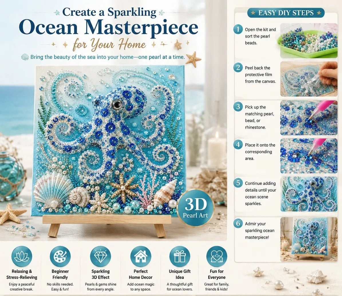 💥 Last Day 49% OFF - 🌊💙 Ocean Theme Pearl Art DIY Kit – Relaxing DIY Craft to Create Stunning Coastal Artwork