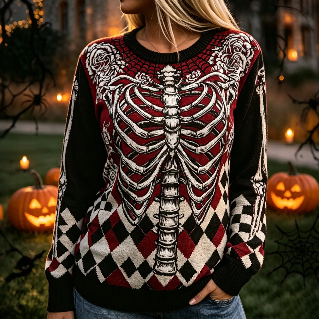 Women's Halloween Skeleton Poker Pattern Cozy Knit Sweater