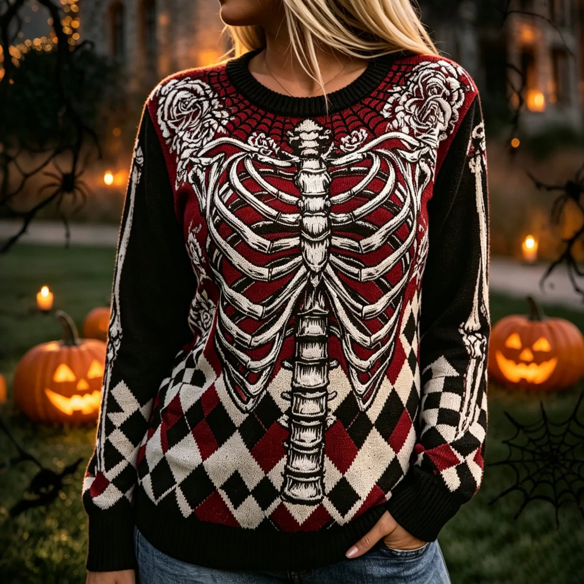 Women's Halloween Skeleton Poker Pattern Cozy Knit Sweater