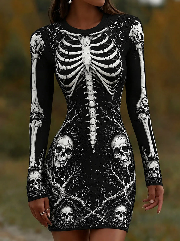 Women's Halloween Skeleton Art Print Dress