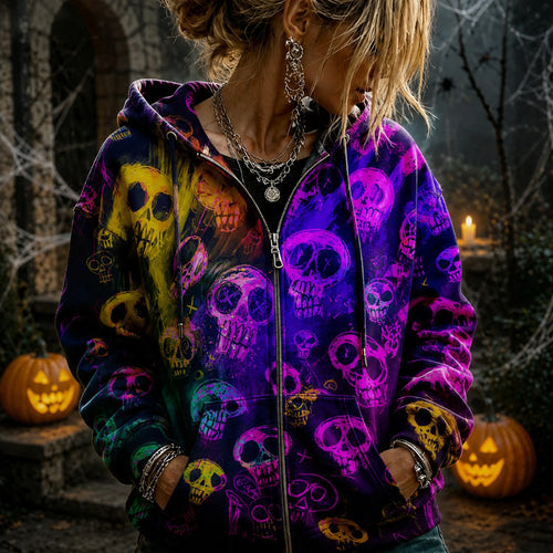 Women's Halloween Gothic Dark Art Graffiti Skull Zipper Jacket In Bright Purple And Yellow Skull Print