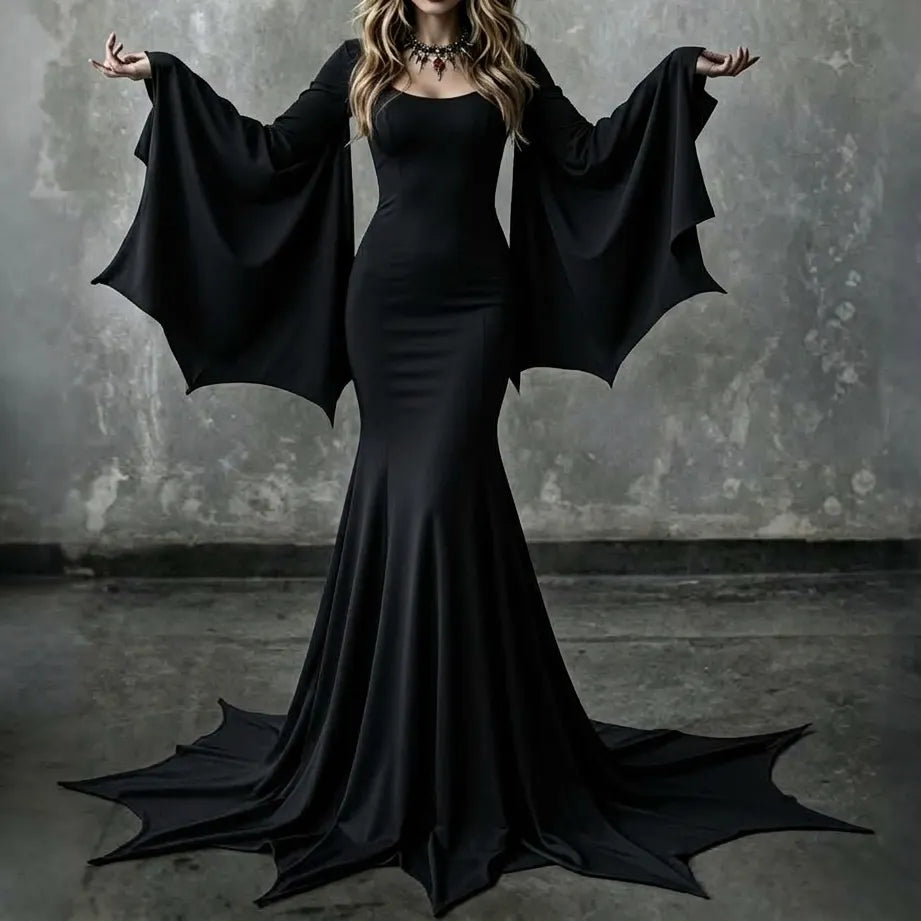 Women's Vintage Halloween Gothic Dark Mermaid Hem Flare Sleeve Dress