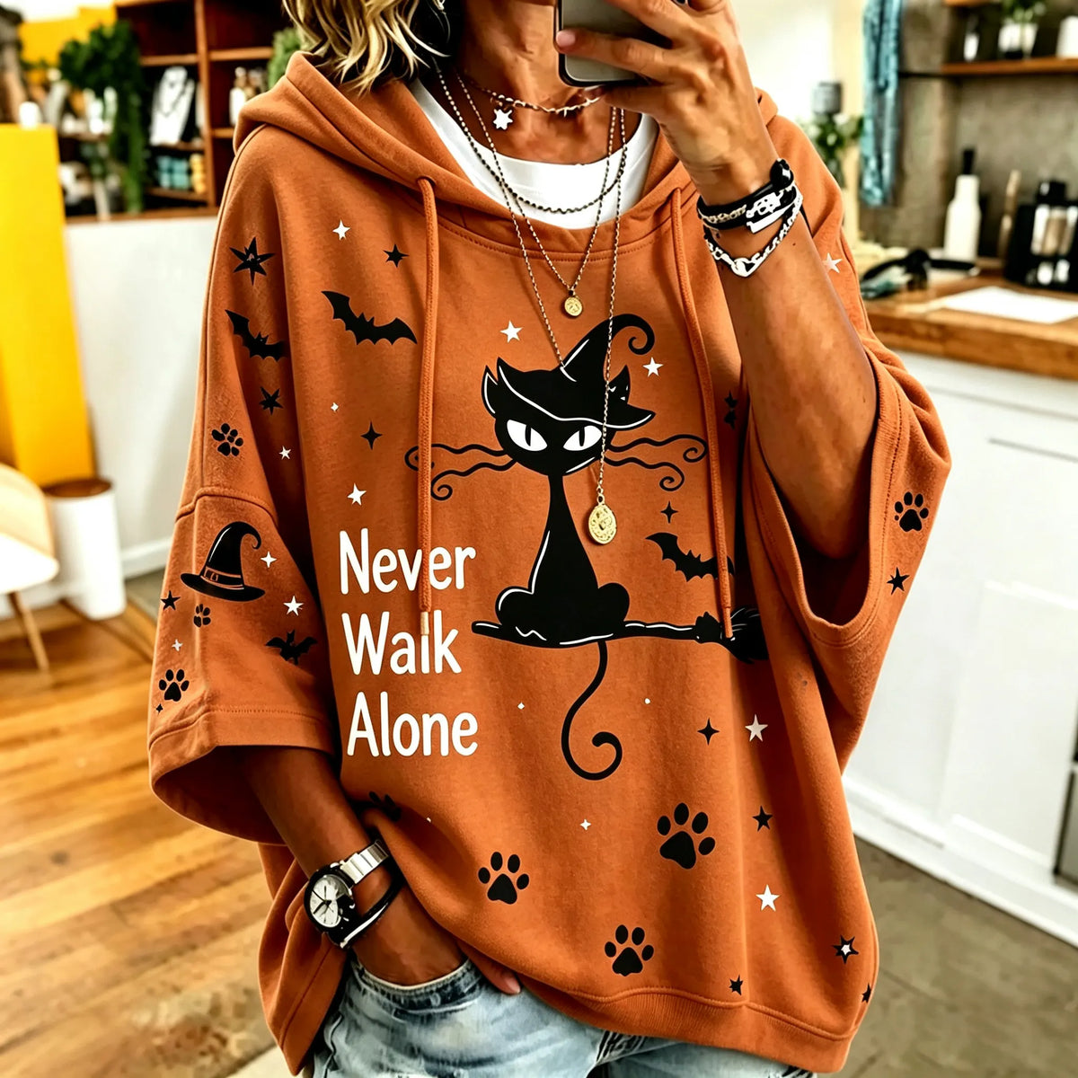 Women's Retro Halloween Theme Cat Print Casual Hooded Sweatshirt