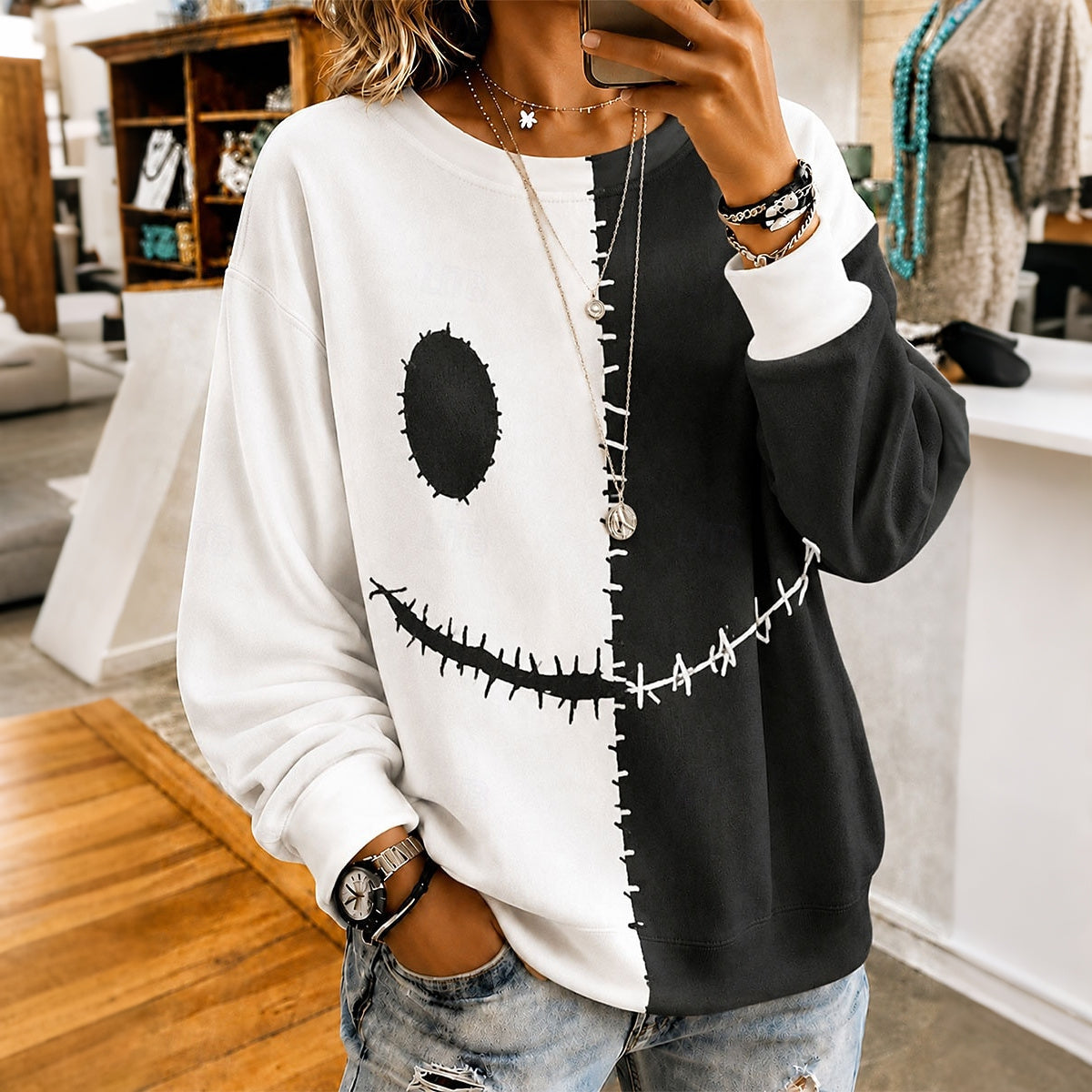 Women's Retro Halloween Smiley Face Color Block Casual Comfort Hoodie