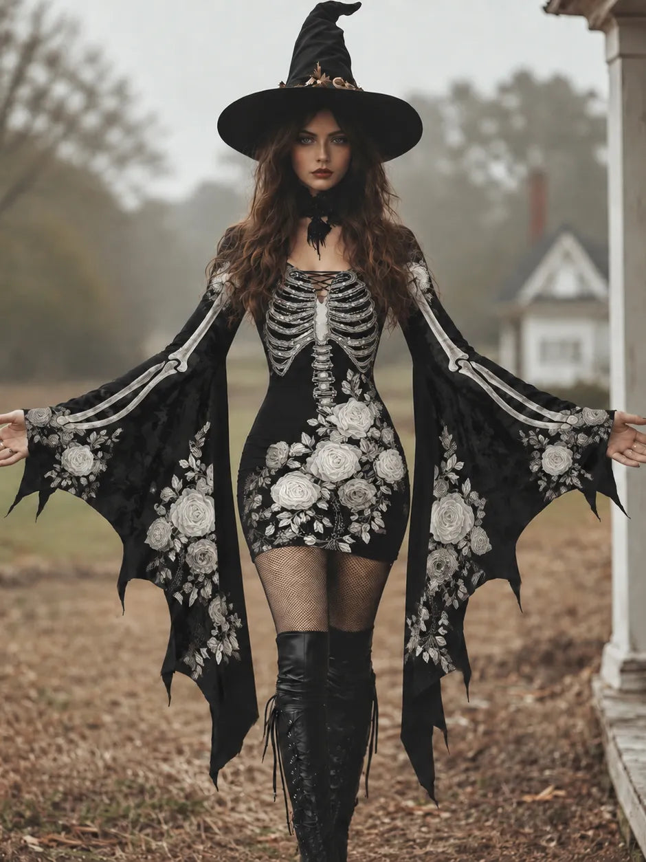 Women's Vintage Gothic Skeleton With White Roses Batwing Flare Sleeve Lace‐up Bodycon Dress – Halloween Costume