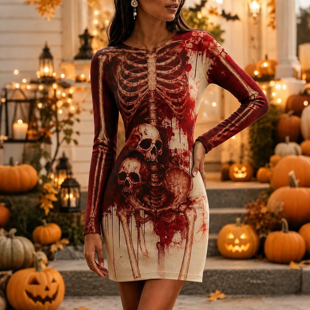 Women's Halloween Gothic Skeleton Art Print Mini Dress