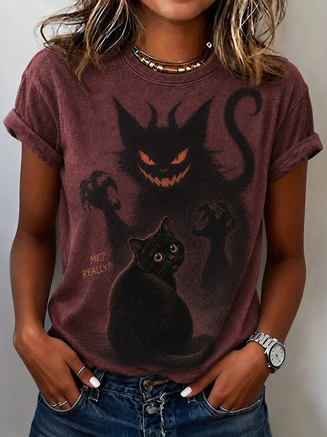 Women's Retro Halloween Me Really? Cat Print Casual T-shirt