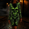 Women's Halloween Dark Gothic Neon Skull And Rose Art Crew Neck Long Sleeve Dress