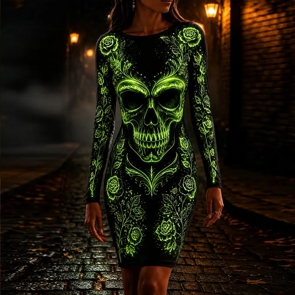 Women's Halloween Dark Gothic Neon Skull And Rose Art Crew Neck Long Sleeve Dress