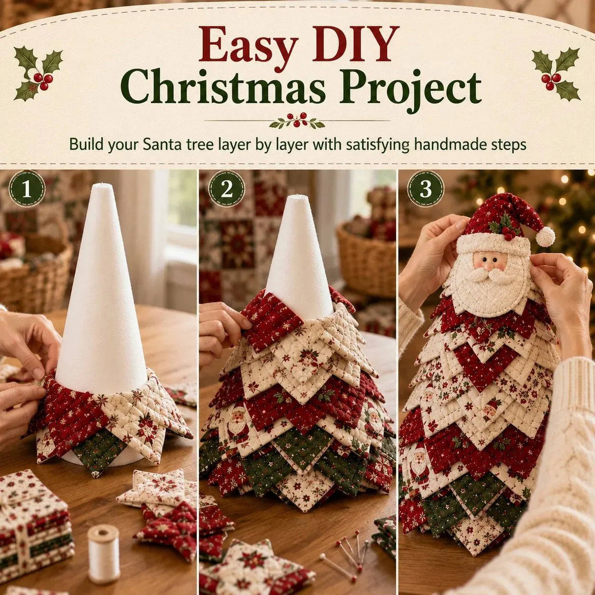🎉🎄DIY Quilted Santa Christmas Tree Kit – Handmade Fabric Holiday Tabletop Tree Decor