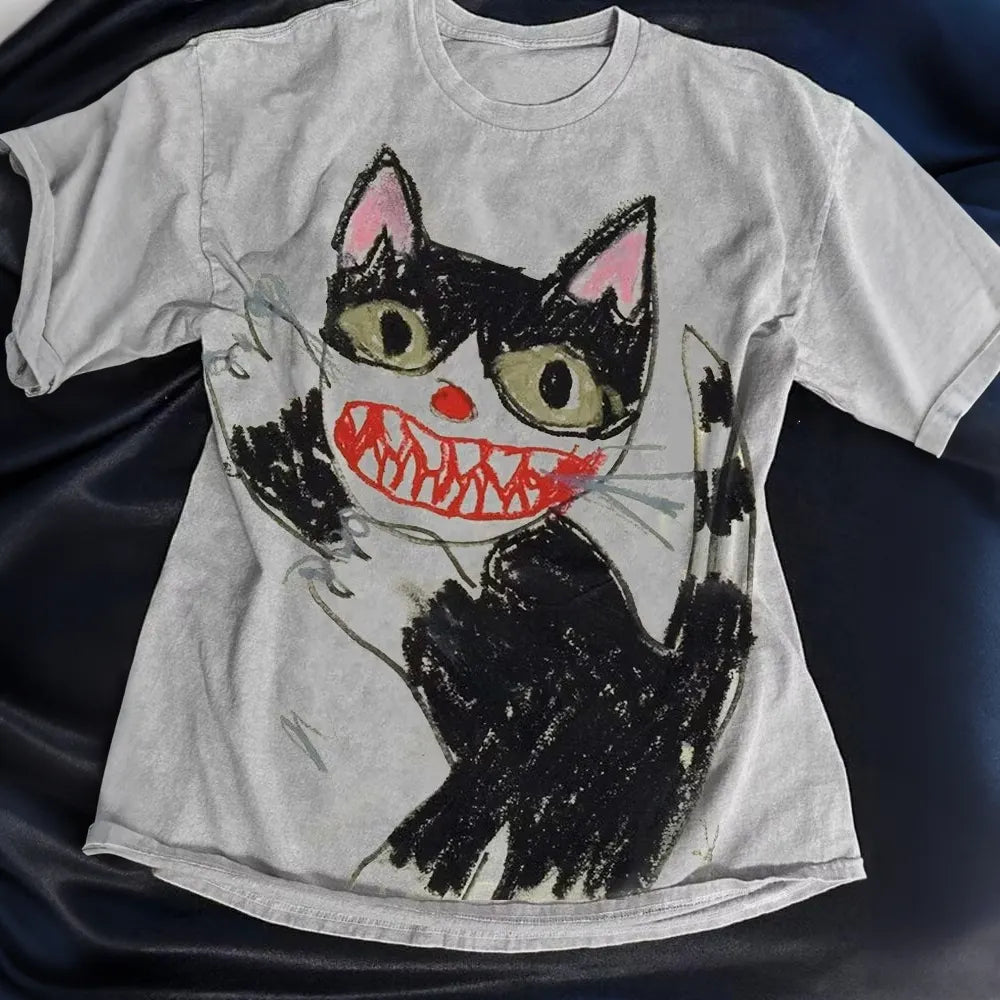 Women's Horror Cat Crayon Art Print Short Sleeve T-shirt