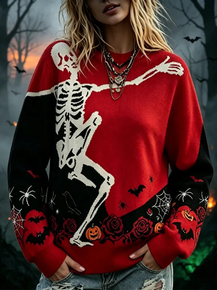 Women's Gothic Halloween Skull Rose Pumpkin Long-sleeve Sweater